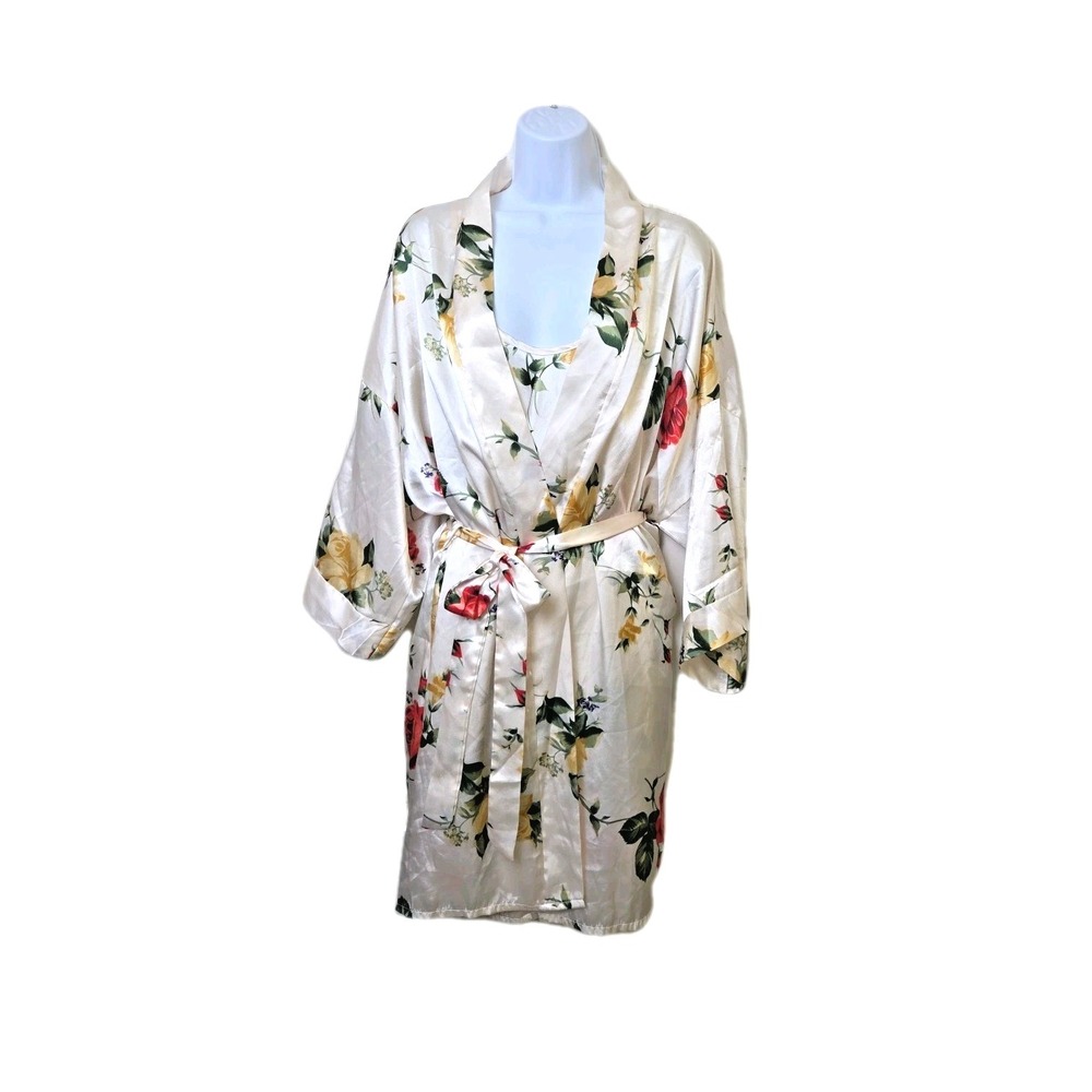 Vtg 80s 90s Floral‎ Shiny Satin Gown & Robe Peignoir Set Chemise Kimono Plus 1X